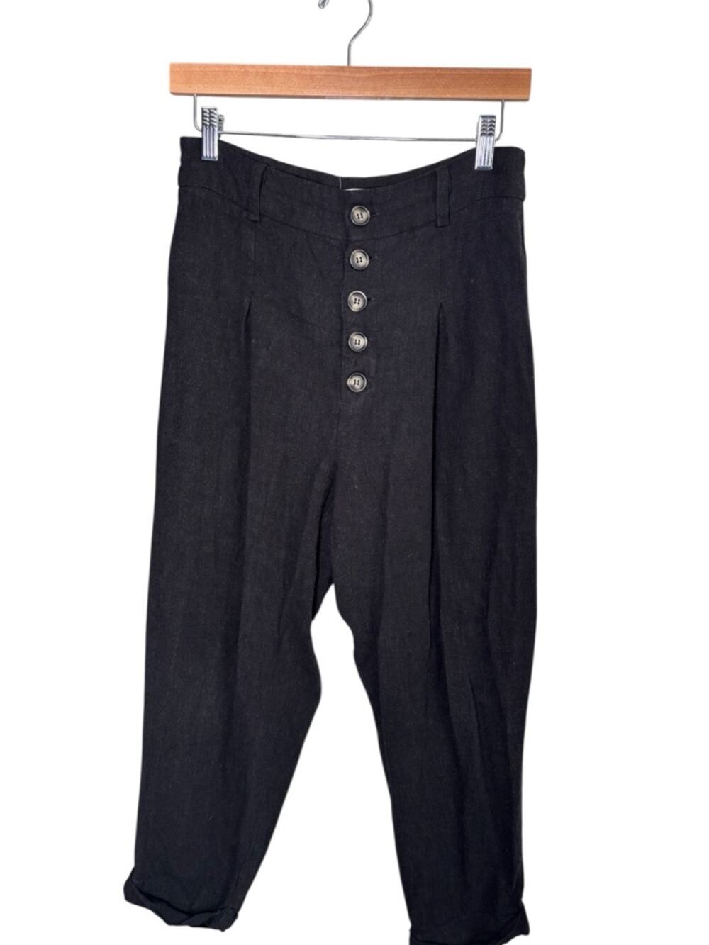 Illa Illa Black High Rise 5 Button Baggy Linen Blend Pants Small